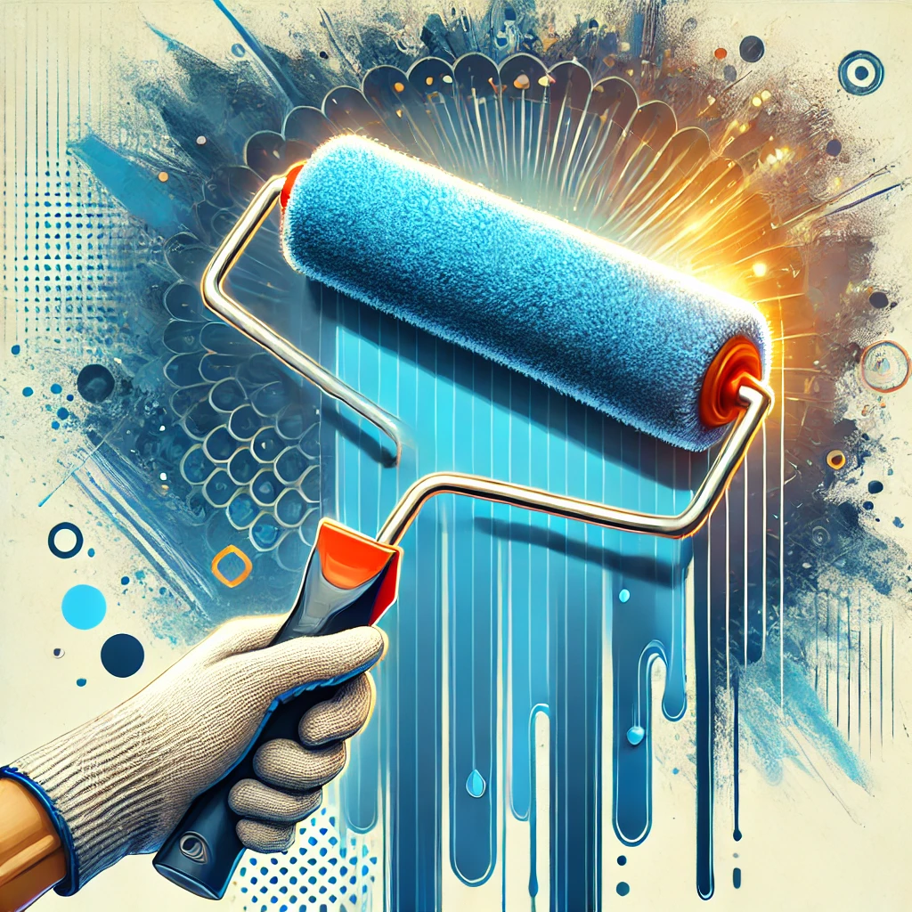 DALL·E 2025-02-06 20.33.02 – A stylized digital illustration featuring a paint roller applying vibrant blue paint to a white wall. The roller has a textured surface co