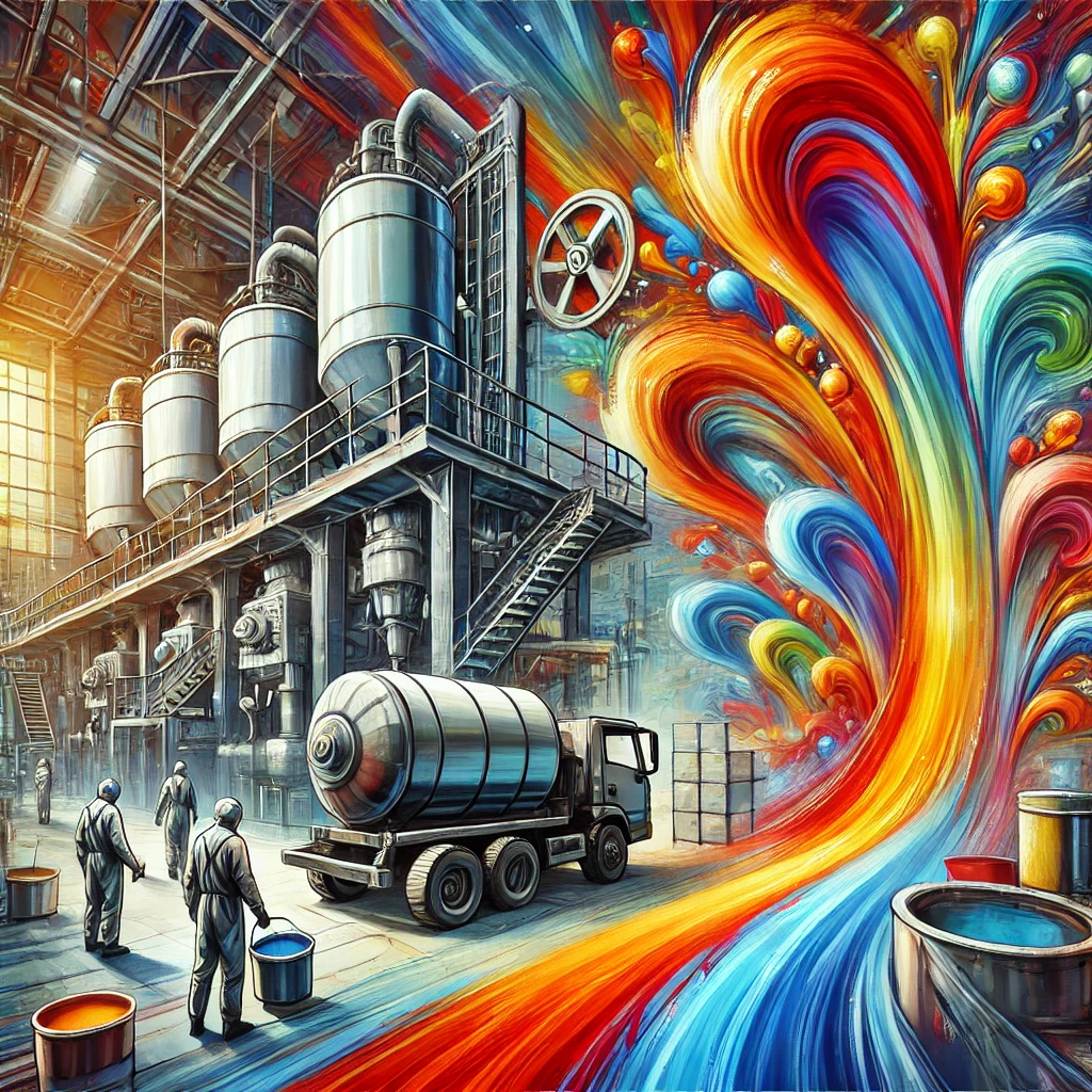 DALL·E 2025-02-06 20.56.02 – A highly expressive, vibrant, and stylized digital illustration representing manufacturers of paint and surface coatings. The image featur